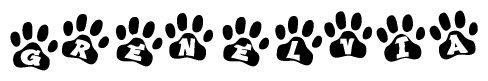 The image shows a series of animal paw prints arranged in a horizontal line. Each paw print contains a letter, and together they spell out the word Grenelvia.