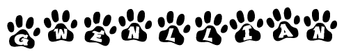 The image shows a series of animal paw prints arranged in a horizontal line. Each paw print contains a letter, and together they spell out the word Gwenllian.