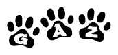 The image shows a series of animal paw prints arranged in a horizontal line. Each paw print contains a letter, and together they spell out the word Gaz.