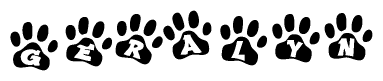 The image shows a row of animal paw prints, each containing a letter. The letters spell out the word Geralyn within the paw prints.