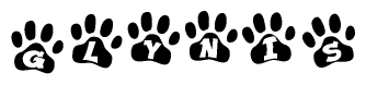 The image shows a series of animal paw prints arranged in a horizontal line. Each paw print contains a letter, and together they spell out the word Glynis.