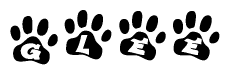 The image shows a row of animal paw prints, each containing a letter. The letters spell out the word Glee within the paw prints.