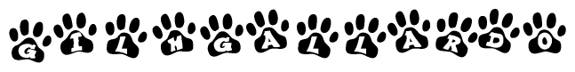The image shows a series of animal paw prints arranged in a horizontal line. Each paw print contains a letter, and together they spell out the word Gilhgallardo.