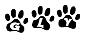 The image shows a series of animal paw prints arranged in a horizontal line. Each paw print contains a letter, and together they spell out the word Gly.