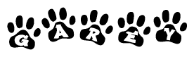 The image shows a row of animal paw prints, each containing a letter. The letters spell out the word Garey within the paw prints.