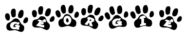 The image shows a row of animal paw prints, each containing a letter. The letters spell out the word Georgie within the paw prints.