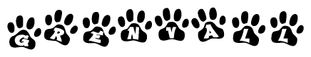 The image shows a series of animal paw prints arranged in a horizontal line. Each paw print contains a letter, and together they spell out the word Grenvall.