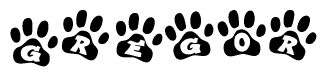 The image shows a series of animal paw prints arranged in a horizontal line. Each paw print contains a letter, and together they spell out the word Gregor.