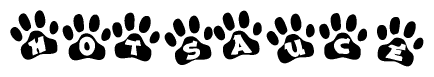 The image shows a series of animal paw prints arranged in a horizontal line. Each paw print contains a letter, and together they spell out the word Hotsauce.
