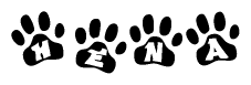 The image shows a series of animal paw prints arranged in a horizontal line. Each paw print contains a letter, and together they spell out the word Hena.