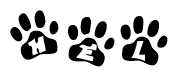 The image shows a row of animal paw prints, each containing a letter. The letters spell out the word Hel within the paw prints.