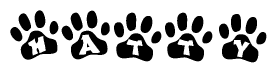 The image shows a row of animal paw prints, each containing a letter. The letters spell out the word Hatty within the paw prints.