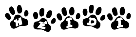 The image shows a series of animal paw prints arranged horizontally. Within each paw print, there's a letter; together they spell Heidi