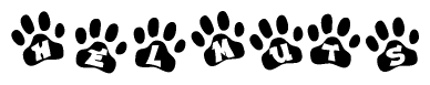 The image shows a series of animal paw prints arranged horizontally. Within each paw print, there's a letter; together they spell Helmuts