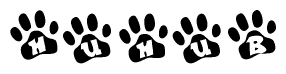 The image shows a series of animal paw prints arranged horizontally. Within each paw print, there's a letter; together they spell Huhub