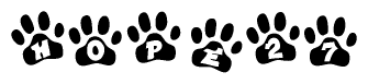 The image shows a series of animal paw prints arranged in a horizontal line. Each paw print contains a letter, and together they spell out the word Hope27.