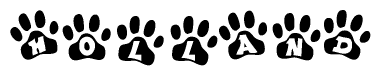 The image shows a series of animal paw prints arranged horizontally. Within each paw print, there's a letter; together they spell Holland