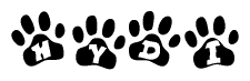 The image shows a series of animal paw prints arranged horizontally. Within each paw print, there's a letter; together they spell Hydi