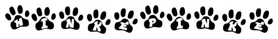 The image shows a series of animal paw prints arranged in a horizontal line. Each paw print contains a letter, and together they spell out the word Hinkepinke.