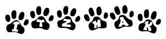 The image shows a row of animal paw prints, each containing a letter. The letters spell out the word Itzhak within the paw prints.