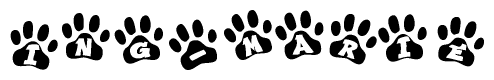 The image shows a series of animal paw prints arranged in a horizontal line. Each paw print contains a letter, and together they spell out the word Ing-marie.
