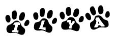 The image shows a series of animal paw prints arranged horizontally. Within each paw print, there's a letter; together they spell Ilya