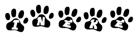 The image shows a series of animal paw prints arranged horizontally. Within each paw print, there's a letter; together they spell Ineke