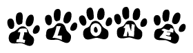 The image shows a series of animal paw prints arranged horizontally. Within each paw print, there's a letter; together they spell Ilone