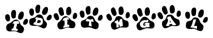 The image shows a series of animal paw prints arranged horizontally. Within each paw print, there's a letter; together they spell Idithgal
