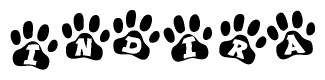 The image shows a series of animal paw prints arranged horizontally. Within each paw print, there's a letter; together they spell Indira