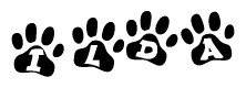The image shows a row of animal paw prints, each containing a letter. The letters spell out the word Ilda within the paw prints.