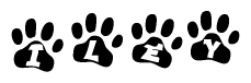 The image shows a series of animal paw prints arranged horizontally. Within each paw print, there's a letter; together they spell Iley
