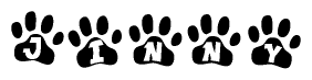 The image shows a series of animal paw prints arranged horizontally. Within each paw print, there's a letter; together they spell Jinny