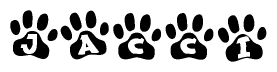 The image shows a row of animal paw prints, each containing a letter. The letters spell out the word Jacci within the paw prints.