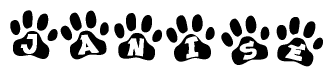 The image shows a series of animal paw prints arranged in a horizontal line. Each paw print contains a letter, and together they spell out the word Janise.
