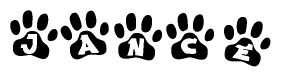 The image shows a row of animal paw prints, each containing a letter. The letters spell out the word Jance within the paw prints.