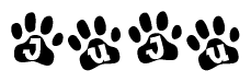 The image shows a series of animal paw prints arranged in a horizontal line. Each paw print contains a letter, and together they spell out the word Juju.