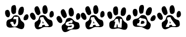 The image shows a series of animal paw prints arranged in a horizontal line. Each paw print contains a letter, and together they spell out the word Jasanda.