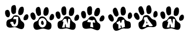 The image shows a series of animal paw prints arranged in a horizontal line. Each paw print contains a letter, and together they spell out the word Jonthan.
