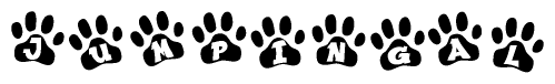 The image shows a series of animal paw prints arranged horizontally. Within each paw print, there's a letter; together they spell Jumpingal