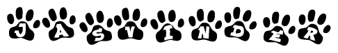 The image shows a row of animal paw prints, each containing a letter. The letters spell out the word Jasvinder within the paw prints.
