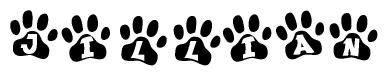 The image shows a series of animal paw prints arranged horizontally. Within each paw print, there's a letter; together they spell Jillian