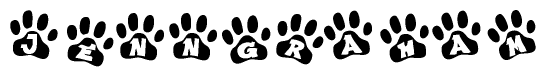 The image shows a series of animal paw prints arranged horizontally. Within each paw print, there's a letter; together they spell Jenngraham