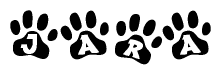 The image shows a series of animal paw prints arranged horizontally. Within each paw print, there's a letter; together they spell Jara