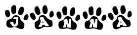 The image shows a series of animal paw prints arranged in a horizontal line. Each paw print contains a letter, and together they spell out the word Janna.