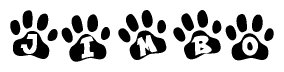 The image shows a series of animal paw prints arranged horizontally. Within each paw print, there's a letter; together they spell Jimbo