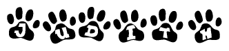 The image shows a row of animal paw prints, each containing a letter. The letters spell out the word Judith within the paw prints.