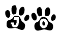 The image shows a series of animal paw prints arranged horizontally. Within each paw print, there's a letter; together they spell Jo