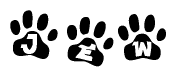 The image shows a row of animal paw prints, each containing a letter. The letters spell out the word Jew within the paw prints.