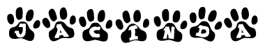 The image shows a series of animal paw prints arranged in a horizontal line. Each paw print contains a letter, and together they spell out the word Jacinda.